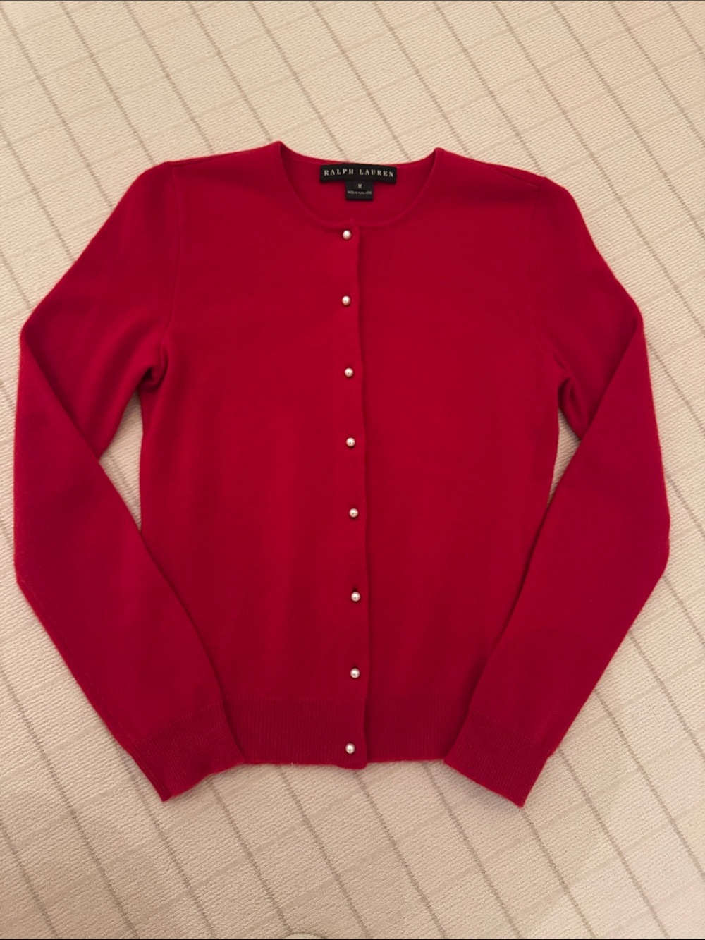 Ralph Lauren Women's Red Cashmere Cardigan with Pearl-like Buttons - Size Medium